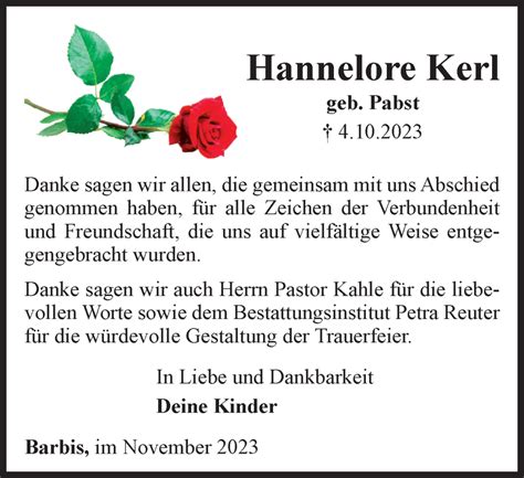 Traueranzeigen Von Hannelore Kerl Harztrauer De