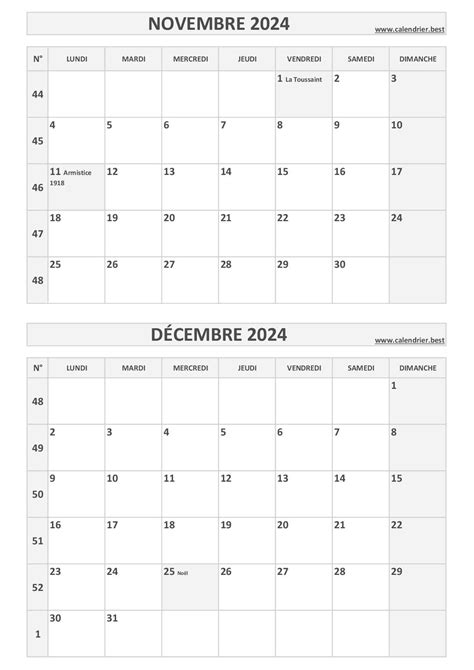 Calendrier novembre et décembre 2024 à imprimer Calendrier best