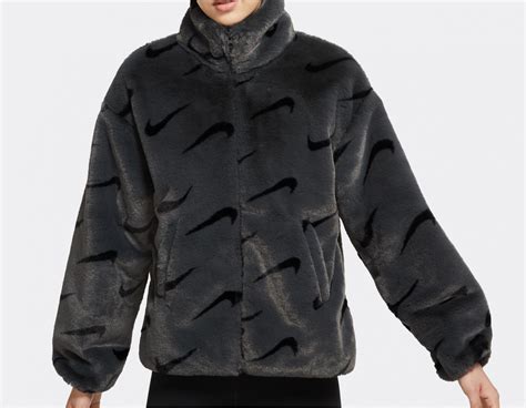 Nike W Nsw Faux Fur Aop Jacket Dark Smoke Grey Dq6842 070