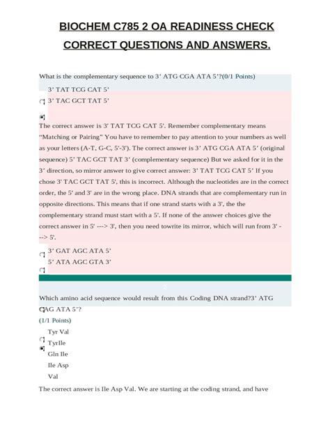 Biochemistry Course Readiness Check Questions And Answers Exams