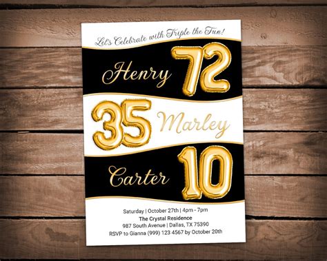 Sibling Triple Birthday Invitation Triple Birthday Party Invite Joint