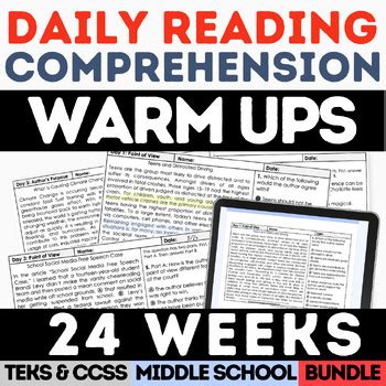 Daily Reading Comprehension Practice ELA Warm Ups Bell Ringers 6th 7th