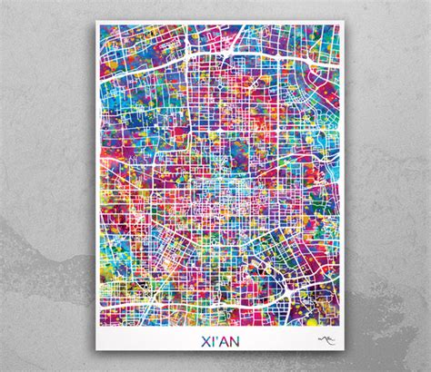 Xi'an Map Art Watercolor Print Wall Art Xi'an Road Street Map Wanderlu – CocoMilla