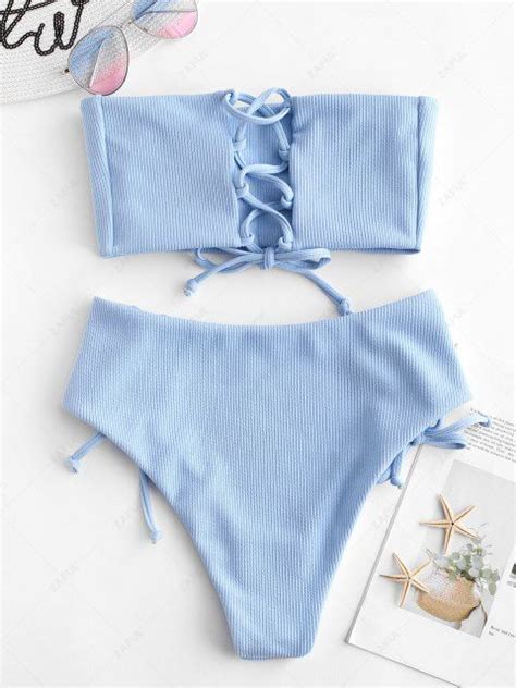 [54 Off] 2021 Zaful Lace Up Ribbed Strapless Bikini Set In Day Sky