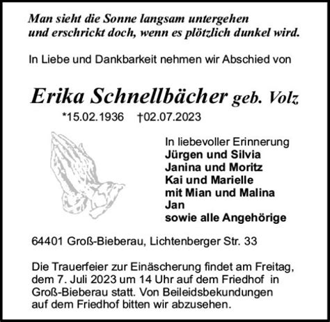 Traueranzeigen Von Erika Schnellb Cher Vrm Trauer De