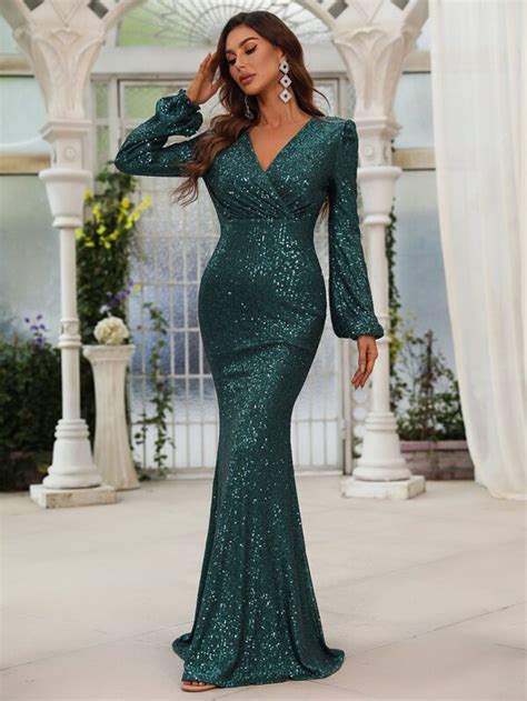 Lantern Sleeve Mermaid Hem Sequin Prom Dress Shein Usa