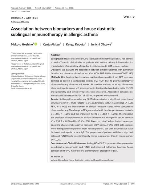 Pdf Association Between Biomarkers And House Dust Mite Sublingual