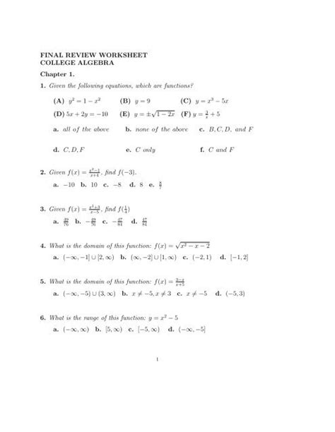 FINAL REVIEW WORKSHEET COLLEGE ALGEBRA Chapter 1 1 Worksheets