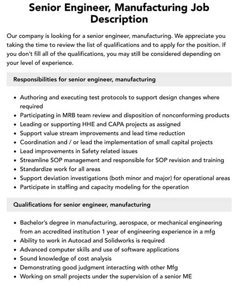 Senior Engineer Manufacturing Job Description Velvet Jobs