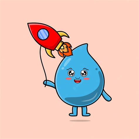 Premium Vector Cute Cartoon Water Drop Floating With Rocket Balloon Cartoon Vector Illustration