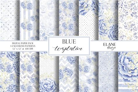 Blue Floral Digital Paper Elegant Wedding Paper