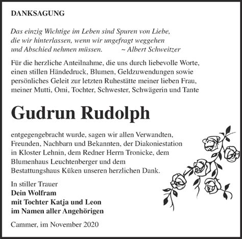 Traueranzeigen von Gudrun Rudolph Märkische Onlinezeitung Trauerportal