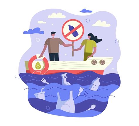 Premium Vector Stop Ocean Plastic Pollution People In Ship With Sign