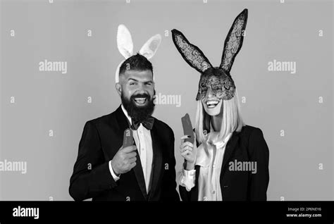 Easter Bunny Couple Eat Carrot Funny Couple Wearing Bunny Ears Bunny