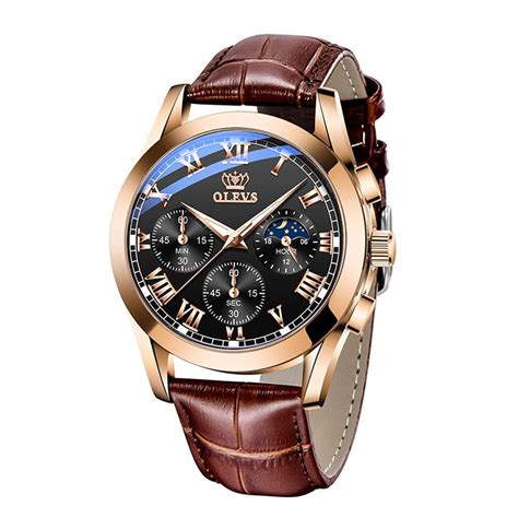 Olevs Watch Men Quartz Original Relo Waterproof Genuine Leather Business Luminous 3d Sun Moon