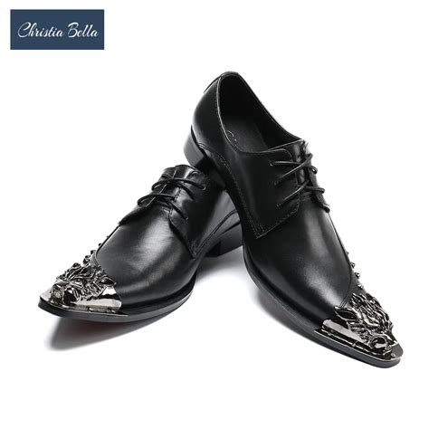 Christia Bella Italian Men Business Shoes Rivets Pointed Toe Formal Shoes Genuine Leather