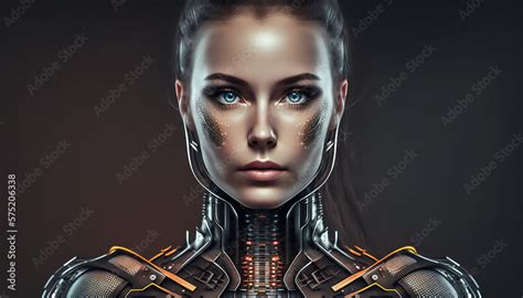 An Attractive Woman As Half Robot Or A Humanoid Android With Artificial