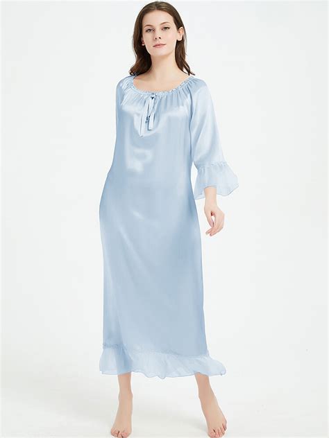 19 Momme Vintage Long Silk Nightdress With Ruffles Fs057 17900