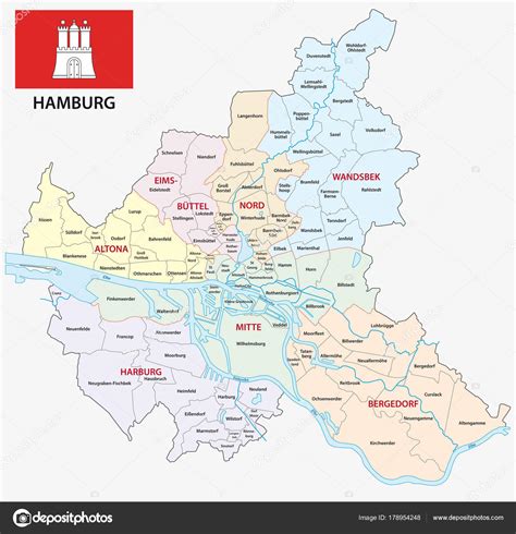 Hamburgo Mapa Vectorial Administrativo Político Con Bandera vector