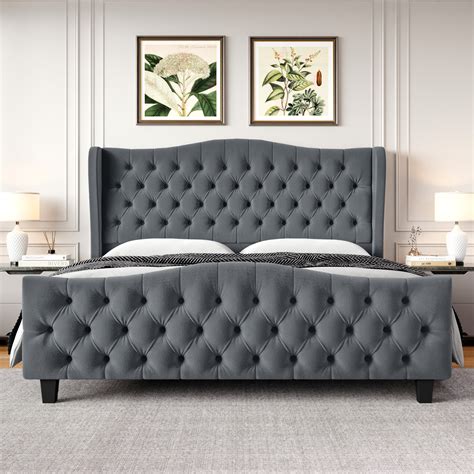 Homfa Quuen Size Bed Frame Modern Velvet Tufted Upholstered Platform