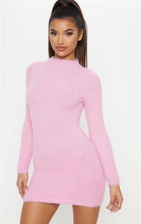 High Neck Sweater Dress Pink Sweater Dress Sweatshirt Dress Knit