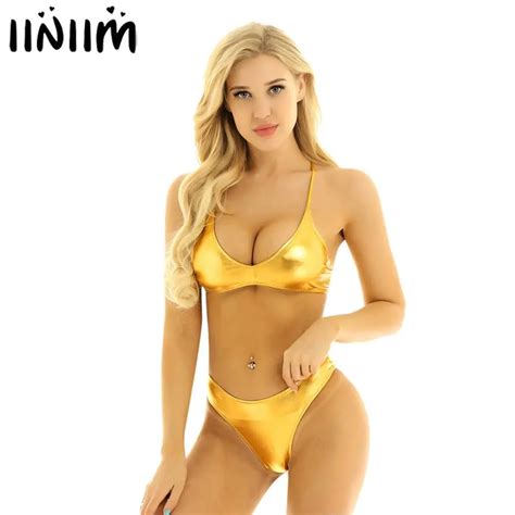 Femme Womens Shiny Metallic Bikini Set For Swimsuit Swimwear Summer