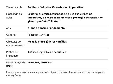 Plano de aula 7º ano Panfletos folhetos Os verbos no imperativo