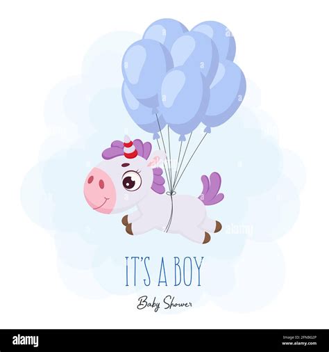 Baby Shower Greeting Card With Cute Magical Unicorn Flying On Balloons