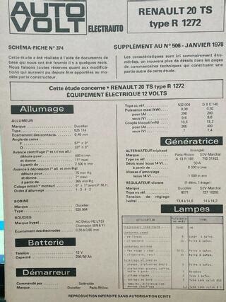 SCHEMA FICHE TECHNIQUE N 402 AUTO VOLT PEUGEOT 604 D Turb Livry