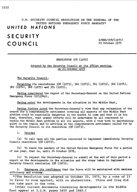 U N Security Council Resolution On The Renewal Of The United Nations Emergency Force Mandate