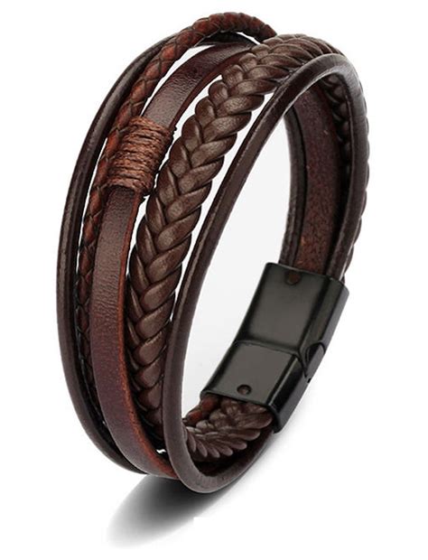 Stoere Heren Armband Gevlochten Met Gesneden Leer Bruin Met Zwarte