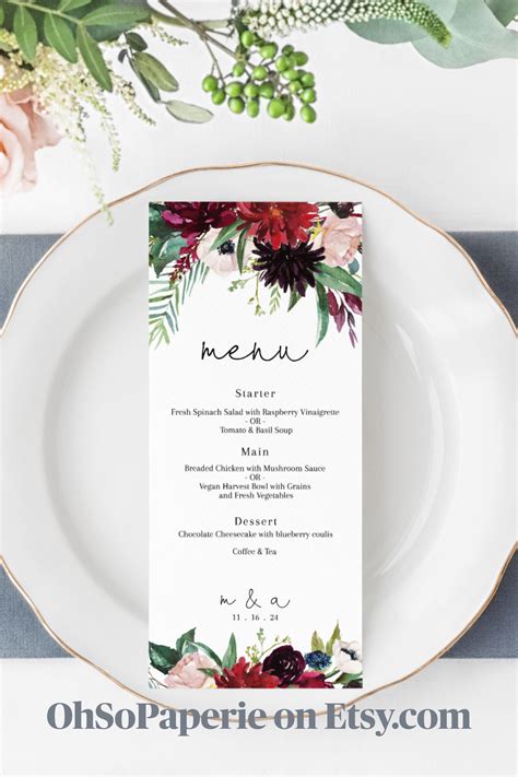 Burgundy Floral Wedding Menu Template Editable Diy Wedding Dinner Menu