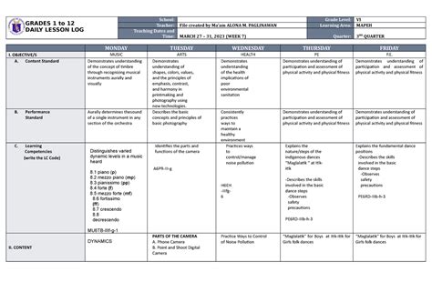 Dll Mapeh 6 Q3 W7 Nviehihpiehoieho Grades 1 To 12 Daily Lesson Log