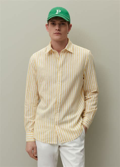 Camicia Regular Fit Lino E Cotone A Righe Bianco Giallo Piombo Da Uomo