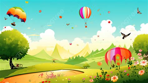 Green Scene With Hot Air Balloons Background Summer Season Pictures Background Image And
