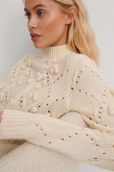 Pom Pom Detail High Neck Knitted Sweater Offwhite Na