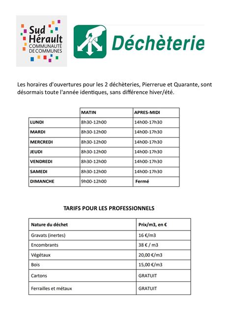 HORAIRES DE LA DECHETERIE ET TARIFS DES PROFESSIONNELS