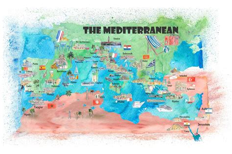 Mediterranean Cruise Travel Poster Map With Spain Italy Greece Palma Ibiza Santorini Mykonos ...