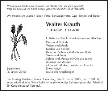 Traueranzeigen Von Walter Krauth Schwarzw Lder Bote Trauer