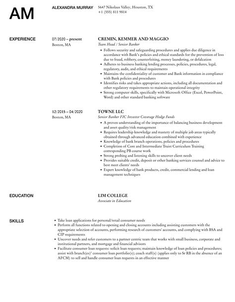 Senior Banker Resume Samples Velvet Jobs