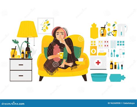 Sick Woman And Big Set Of Flu Treatment Elements Stock Vector