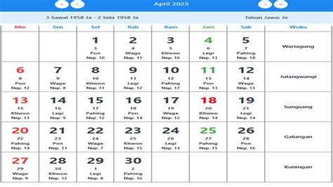 Kalender April Primbon Jawa Di Awali Selasa Pon Hari Baik