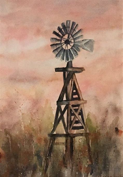 Windmill Painting Western Art Original Watercolor Painting Etsy