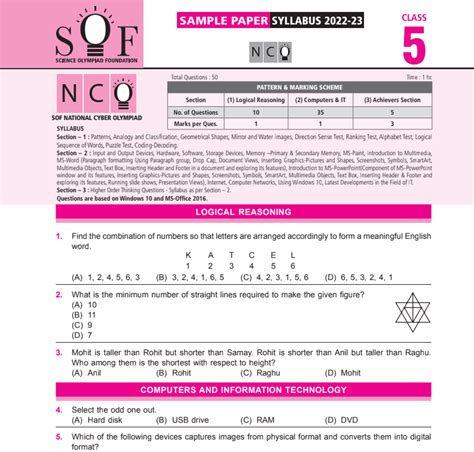 Official Class 5 Nco Cyber Olympiad Sample Question Paper Olympiad Tester