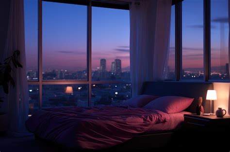 Premium Ai Image Bedroom With Twilight Colored Ambient Light