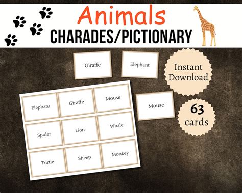 Animal Charades, Printable Animals Pictionary, Animal Party Games - Etsy