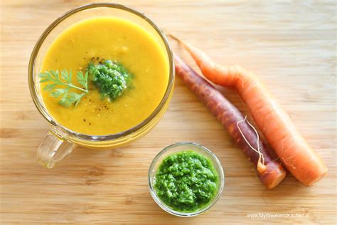 Carrot And Leek Soup With Carrot Top Pesto My Weekend Kitchen