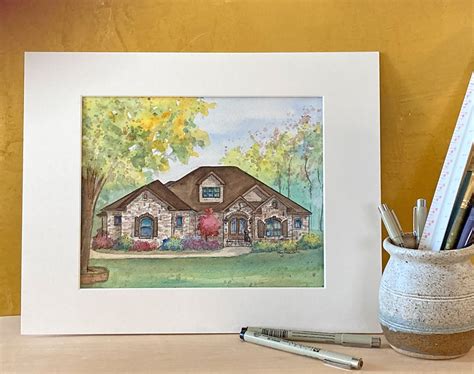 House Painting In Watercolor With Ink Details Custom Portrait Etsy