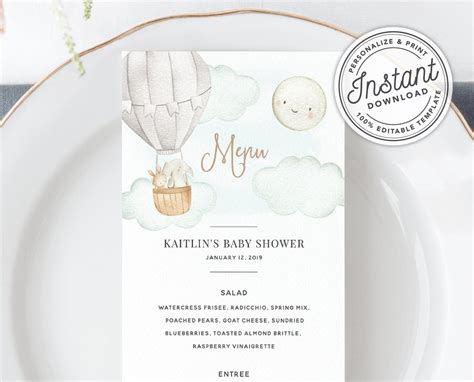 Up Up And Away Hot Air Balloon Gender Neutral Baby Shower Menu Etsy