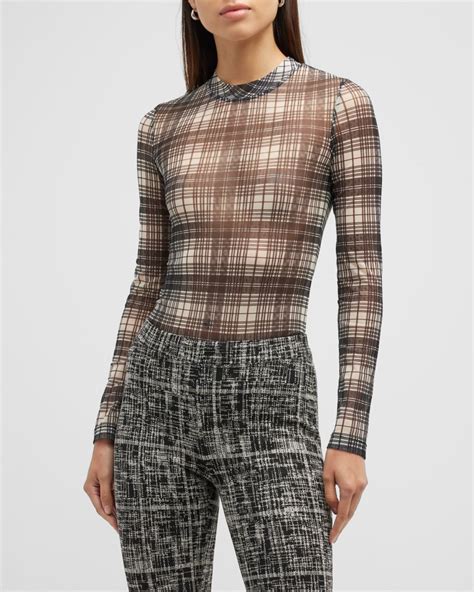 Rosetta Getty Plaid Print Long Sleeve Mesh T Shirt Neiman Marcus